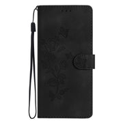 For iPhone 16 Plus Flower Butterfly Embossing Pattern Leather Phone Case(Black)