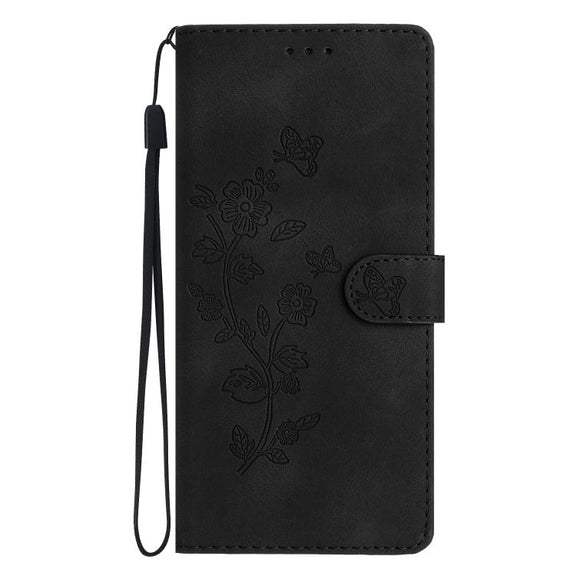 For iPhone 16e Flower Butterfly Embossing Pattern Leather Phone Case(Black)