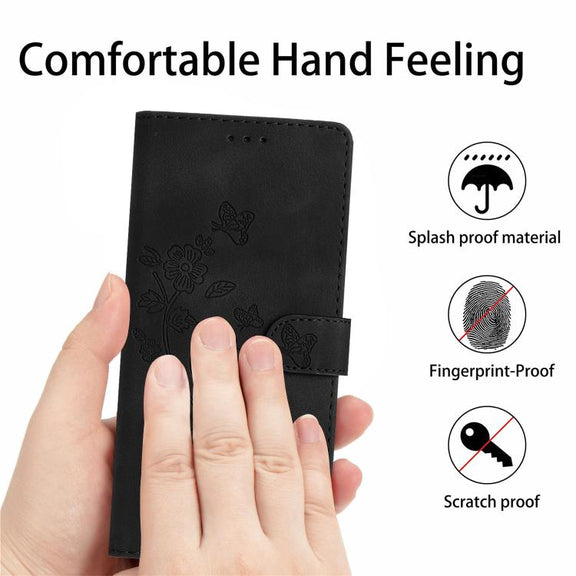 For iPhone 16e Flower Butterfly Embossing Pattern Leather Phone Case(Black)