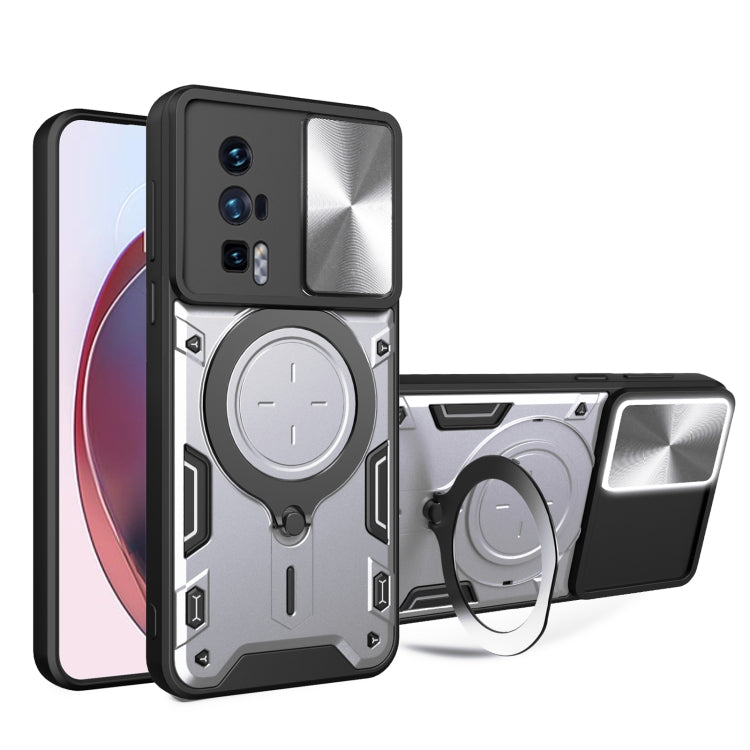 For Xiaomi Poco F5 Pro/Redmi K60  CD Texture Sliding Camshield Magnetic Holder Phone Case(Silver) - Xiaomi Cases by PMC TechLife | Online Shopping South Africa | PMC TechLife | Buy Now Pay Later Mobicred