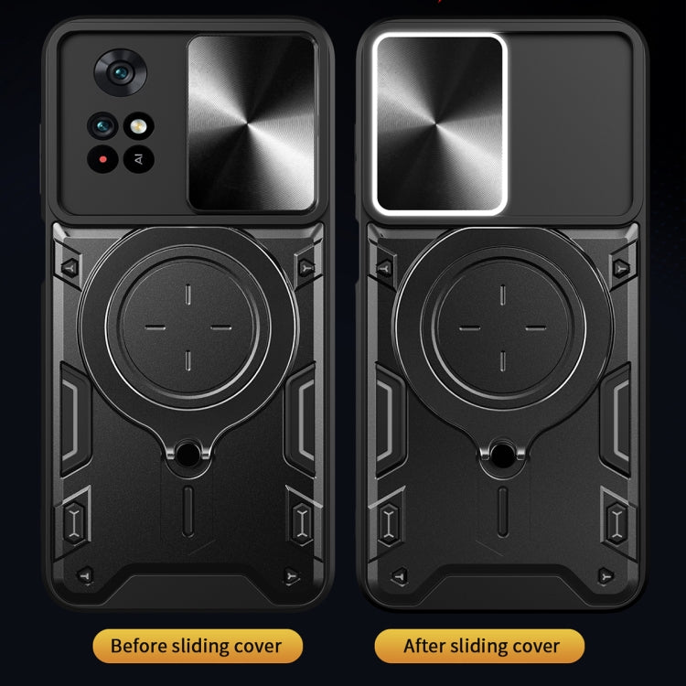 For Xiaomi Poco M4 Pro 4G CD Texture Sliding Camshield Magnetic Holder Phone Case(Silver) - Xiaomi Cases by PMC TechLife | Online Shopping South Africa | PMC TechLife | Buy Now Pay Later Mobicred