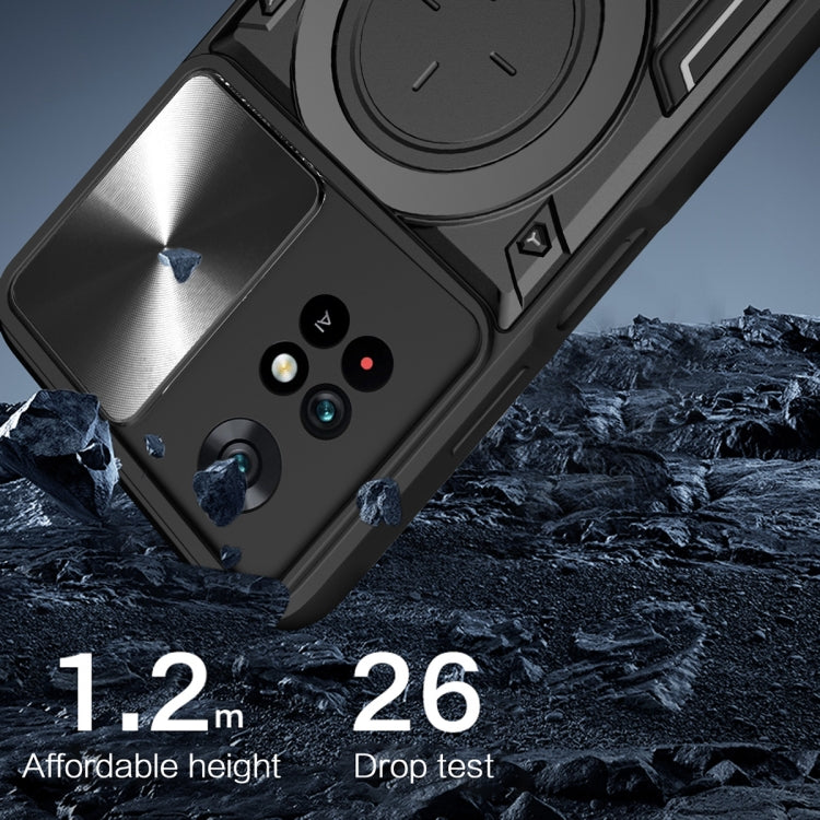 For Xiaomi Poco M4 Pro 4G CD Texture Sliding Camshield Magnetic Holder Phone Case(Silver) - Xiaomi Cases by PMC TechLife | Online Shopping South Africa | PMC TechLife | Buy Now Pay Later Mobicred