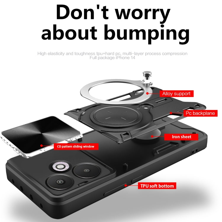 For Xiaomi Redmi 13C 5G Global CD Texture Sliding Camshield Magnetic Holder Phone Case(Silver) - 13C Cases by PMC TechLife | Online Shopping South Africa | PMC TechLife | Buy Now Pay Later Mobicred