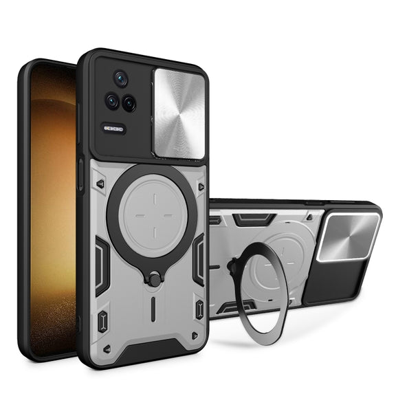 For Xiaomi Redmi K40S / Poco F4 CD Texture Sliding Camshield Magnetic Holder Phone Case(Silver)