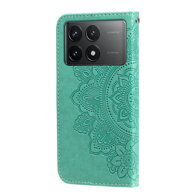 For Xiaomi Redmi K70E 7-petal Flowers Embossing Leather Phone Case(Green) - K70E Cases by PMC TechLife | Online Shopping South Africa | PMC TechLife | Buy Now Pay Later Mobicred