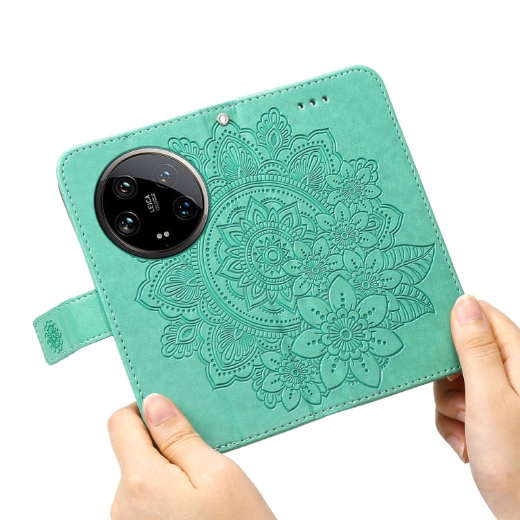 For Xiaomi 14 Ultra 7-petal Flowers Embossing Leather Phone Case(Green) - 14 Ultra Cases by PMC TechLife | Online Shopping South Africa | PMC TechLife | Buy Now Pay Later Mobicred