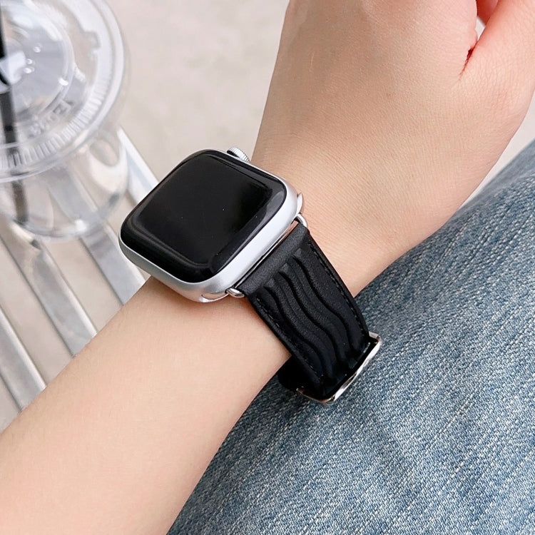 Embossed Line Genuine Leather Watch Band For Apple Watch Ultra 2 49mm(Black)