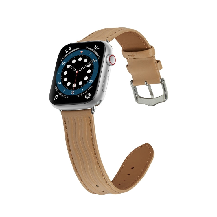 Embossed Line Genuine Leather Watch Band For Apple Watch Ultra 2 49mm(Khaki)