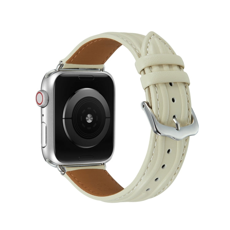Embossed Line Genuine Leather Watch Band For Apple Watch Ultra 2 49mm(Milky White)