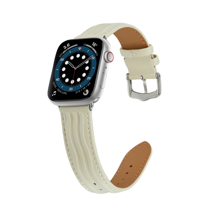 Embossed Line Genuine Leather Watch Band For Apple Watch Ultra 2 49mm(Milky White)