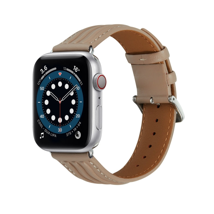 Embossed Line Genuine Leather Watch Band For Apple Watch Ultra 2 49mm(Milky Brown) - Watch Bands by PMC TechLife | Online Shopping South Africa | PMC TechLife | Buy Now Pay Later Mobicred