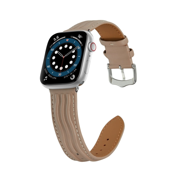 Embossed Line Genuine Leather Watch Band For Apple Watch Ultra 2 49mm(Milky Brown) - Watch Bands by PMC TechLife | Online Shopping South Africa | PMC TechLife | Buy Now Pay Later Mobicred