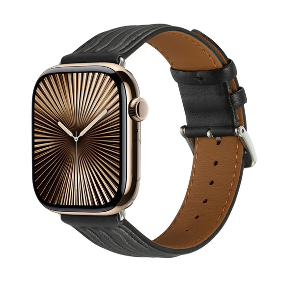 Embossed Line Genuine Leather Watch Band For Apple Watch Series 10 46mm(Black)