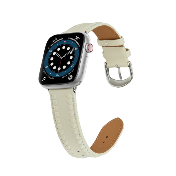 Embossed Love Genuine Leather Watch Band For Apple Watch SE 2023 40mm(Milky White)
