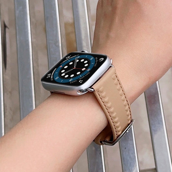 Embossed Love Genuine Leather Watch Band For Apple Watch Series 10 46mm(Khaki)
