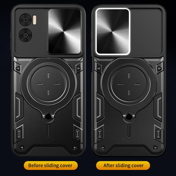 For Motorola Moto E22 / E22i CD Texture Sliding Camshield Magnetic Holder Phone Case(Black)
