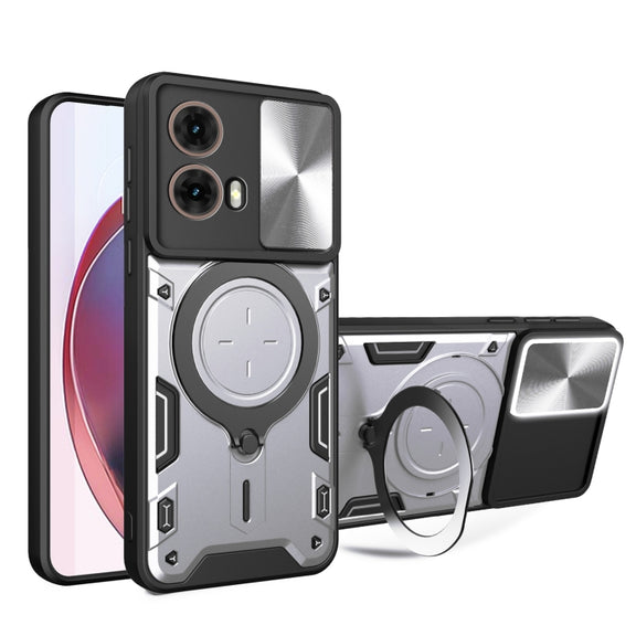 For Motorola Moto G85 CD Texture Sliding Camshield Magnetic Holder Phone Case(Silver)