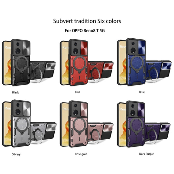 For OPPO Reno8 T 5G CD Texture Sliding Camshield Magnetic Holder Phone Case(Silver)