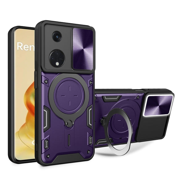 For OPPO Reno8 T 5G CD Texture Sliding Camshield Magnetic Holder Phone Case(Purple)