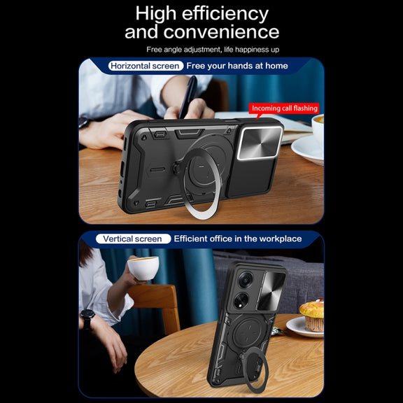 For OPPO F23 5G India / A98 5G / A1 5G CD Texture Sliding Camshield Magnetic Holder Phone Case(Blue)