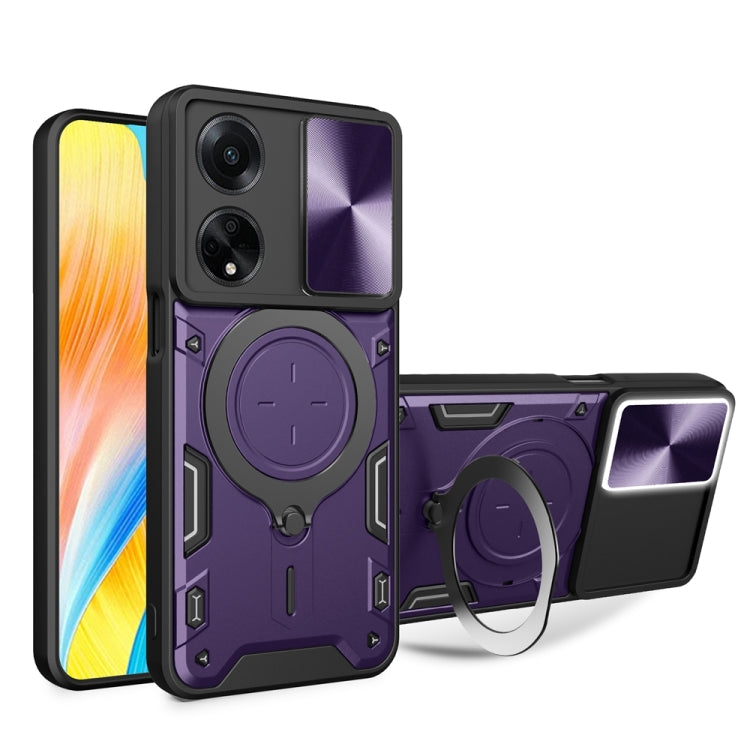 For OPPO F23 5G India / A98 5G / A1 5G CD Texture Sliding Camshield Magnetic Holder Phone Case(Purple) - OPPO Cases by PMC TechLife | Online Shopping South Africa | PMC TechLife | Buy Now Pay Later Mobicred