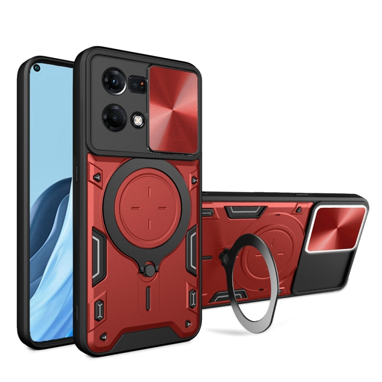 For OPPO Reno7 4G / F21 Pro 4G CD Texture Sliding Camshield Magnetic Holder Phone Case(Red) - OPPO Cases by PMC TechLife | Online Shopping South Africa | PMC TechLife | Buy Now Pay Later Mobicred