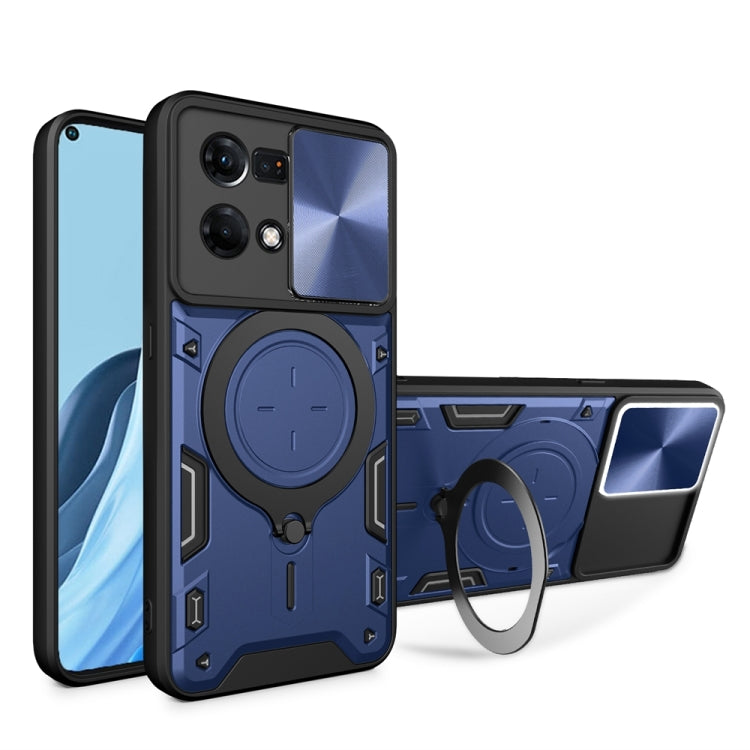 For OPPO Reno7 4G / F21 Pro 4G CD Texture Sliding Camshield Magnetic Holder Phone Case(Blue) - OPPO Cases by PMC TechLife | Online Shopping South Africa | PMC TechLife | Buy Now Pay Later Mobicred
