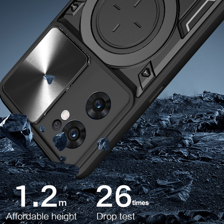 For OPPO Reno7 5G CD Texture Sliding Camshield Magnetic Holder Phone Case(Black) - free shipping - PMC TechLife - Order now!