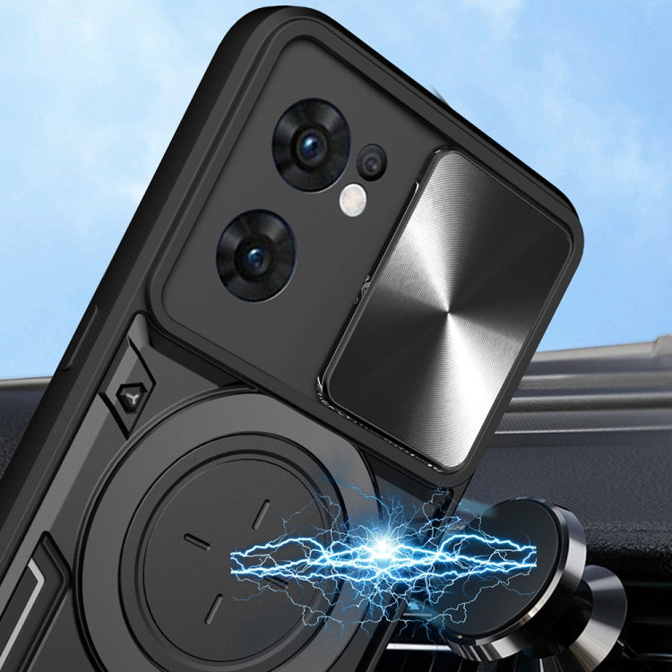 For OPPO Reno7 5G CD Texture Sliding Camshield Magnetic Holder Phone Case(Blue) - OPPO Cases by PMC TechLife | Online Shopping South Africa | PMC TechLife | Buy Now Pay Later Mobicred