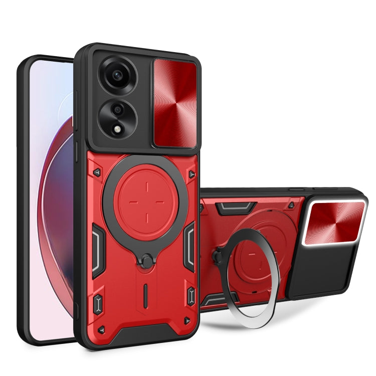 For OPPO A78 4G CD Texture Sliding Camshield Magnetic Holder Phone Case(Red) - OPPO Cases by PMC TechLife | Online Shopping South Africa | PMC TechLife | Buy Now Pay Later Mobicred