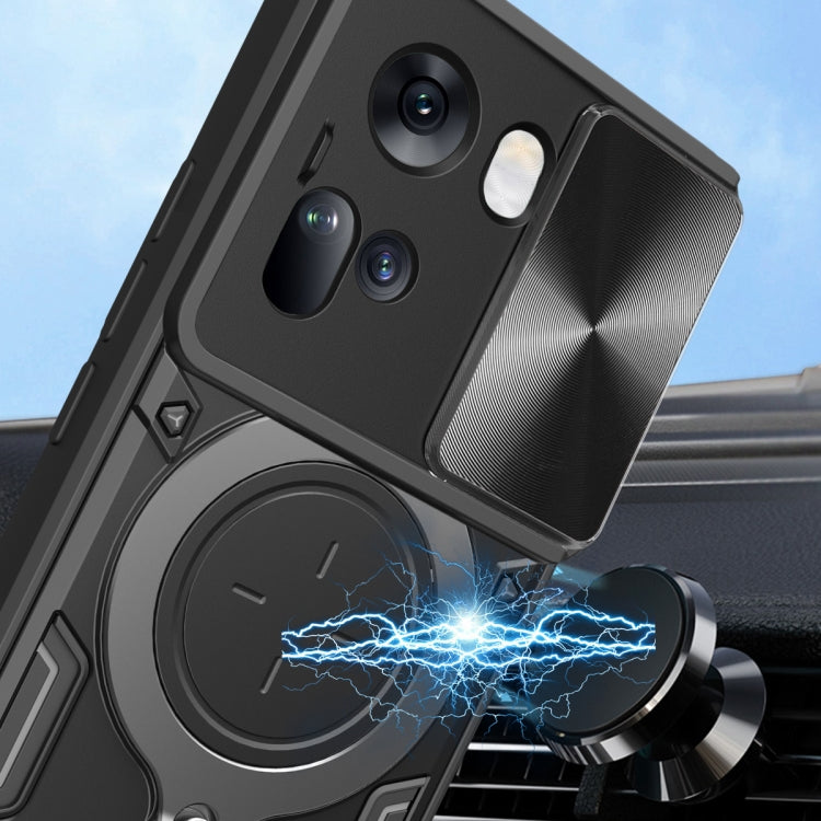 For OPPO Reno11 5G Global CD Texture Sliding Camshield Magnetic Holder Phone Case(Black) - Reno11 Cases by PMC TechLife | Online Shopping South Africa | PMC TechLife | Buy Now Pay Later Mobicred