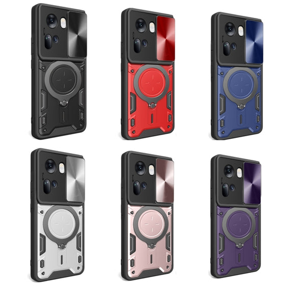For OPPO Reno11 5G Global CD Texture Sliding Camshield Magnetic Holder Phone Case(Silver)