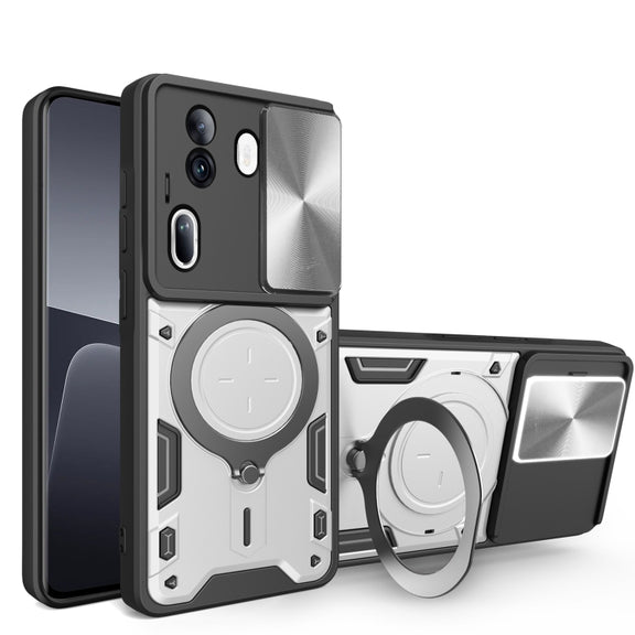 For OPPO Reno11 Pro 5G Global CD Texture Sliding Camshield Magnetic Holder Phone Case(Silver)