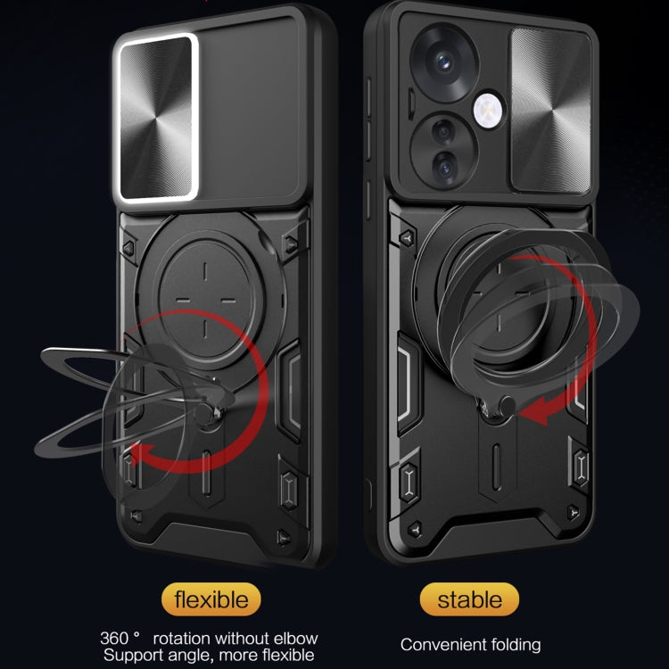 For OPPO Reno11 F 5G Global CD Texture Sliding Camshield Magnetic Holder Phone Case(Black)