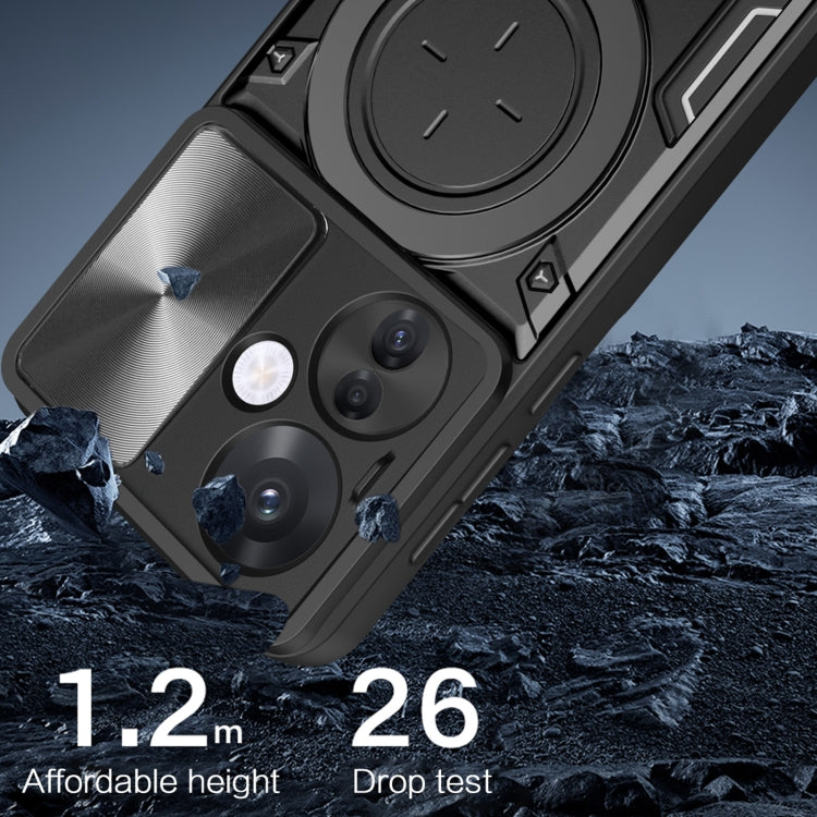For OPPO Reno11 F 5G Global CD Texture Sliding Camshield Magnetic Holder Phone Case(Black)