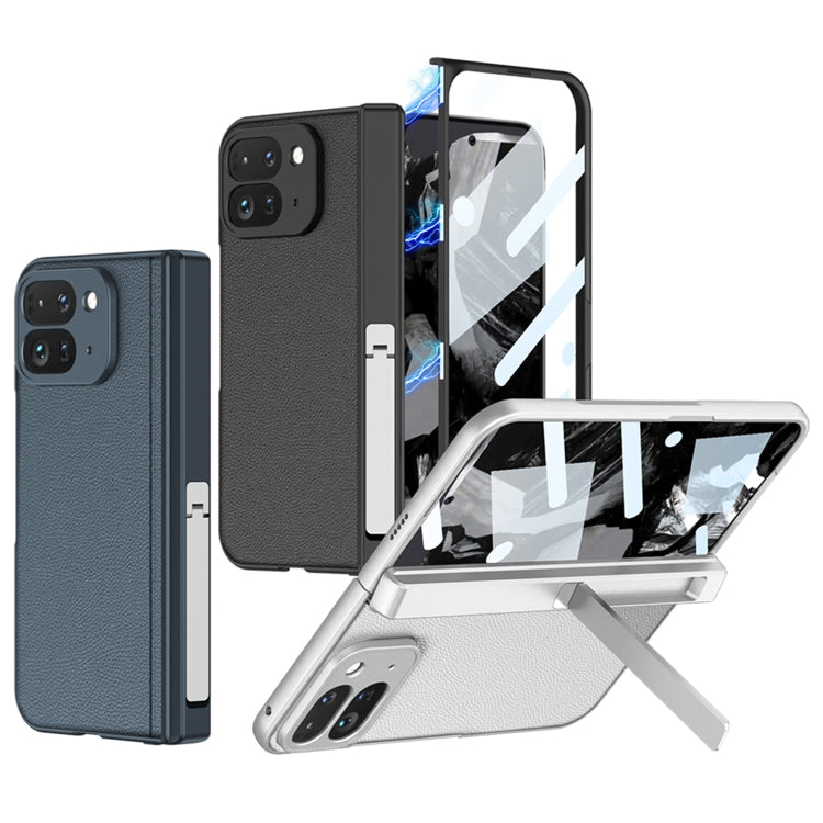 For Google Pixel 9 Pro Fold GKK Integrated Fold Hinge Leather Phone Case with Holder(Carbon Fibre Black)