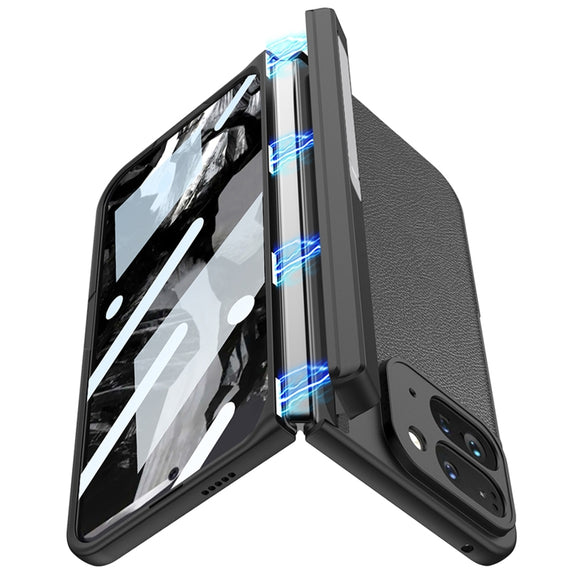 For Google Pixel 9 Pro Fold GKK Integrated Fold Hinge Leather Phone Case with Holder(Carbon Fibre Black)