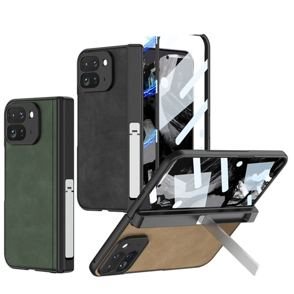 For Google Pixel 9 Pro Fold GKK Integrated Frosted Fold Hinge Leather Phone Case with Holder(Brown)
