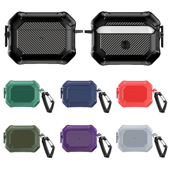 For AirPods Pro 2 Carbon Brazing Dimension TPU+PC Headphone Protective Cover with Switch Lock & Carabiner(Army Green)