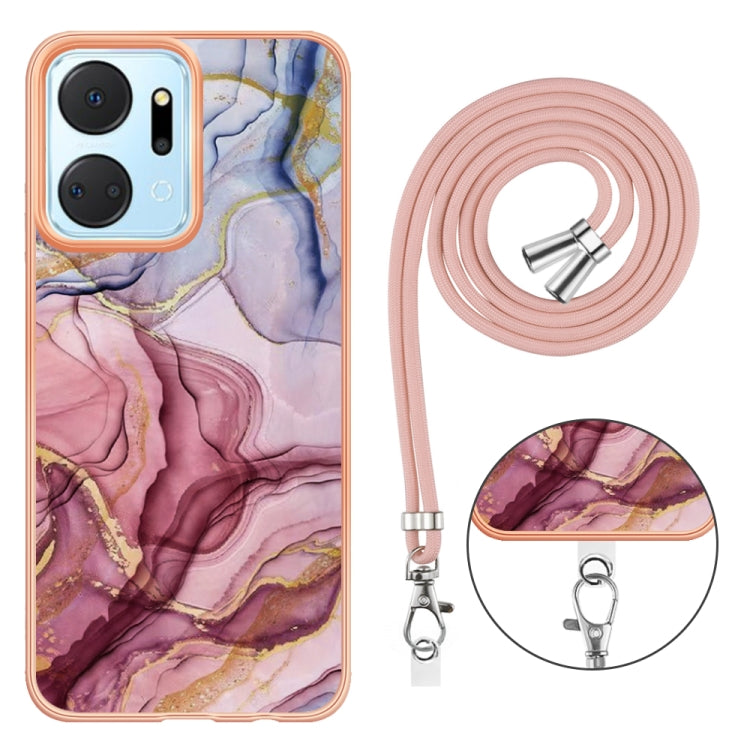 For Honor X7a Electroplating Marble Dual-side IMD Phone Case with Lanyard(Rose Red 014) - Honor Cases by PMC TechLife | Online Shopping South Africa | PMC TechLife | Buy Now Pay Later Mobicred