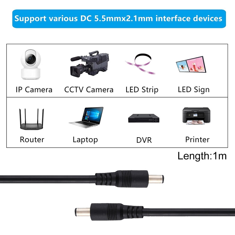 8A DC Power Plug 5.5 x 2.1mm Male to Male Adapter Connector Cable, Length:1m(Black) - Universal Power Adapter by PMC TechLife | Online Shopping South Africa | PMC TechLife