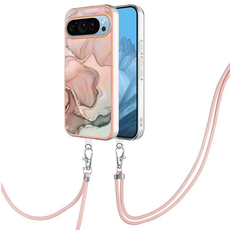 For Google Pixel 9 / 9 Pro Electroplating Marble Dual-side IMD Phone Case with Lanyard(Rose Gold 015) - Google Cases by PMC TechLife | Online Shopping South Africa | PMC TechLife | Buy Now Pay Later Mobicred