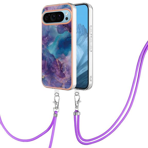 For Google Pixel 9 / 9 Pro Electroplating Marble Dual-side IMD Phone Case with Lanyard(Purple 016)