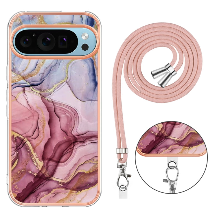 For Google Pixel 9 Pro XL Electroplating Marble Dual-side IMD Phone Case with Lanyard(Rose Red 014) - Google Cases by PMC TechLife | Online Shopping South Africa | PMC TechLife | Buy Now Pay Later Mobicred