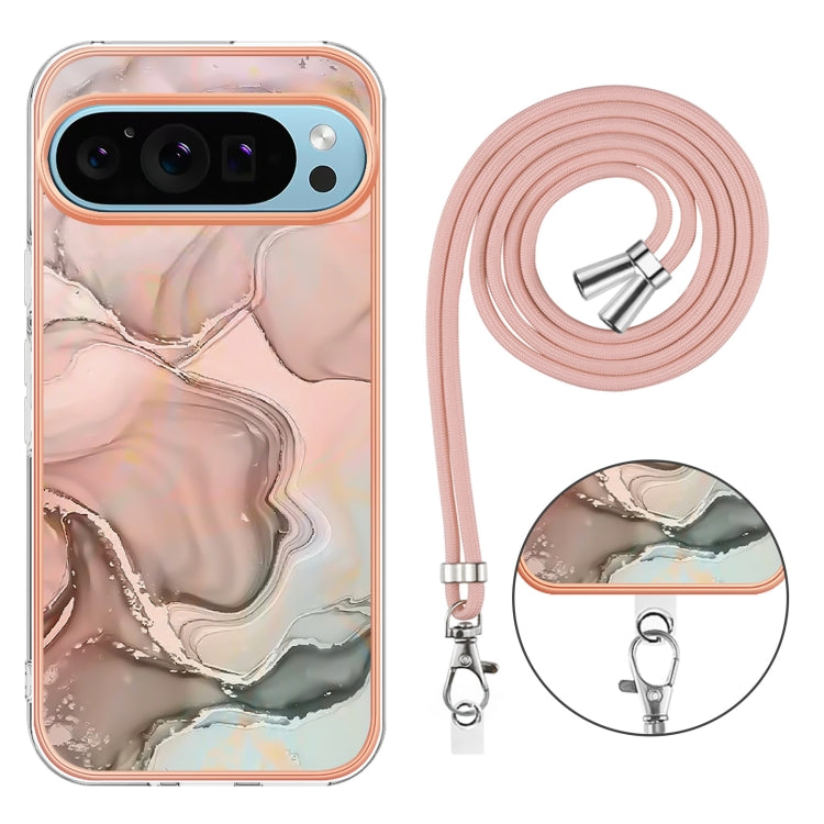 For Google Pixel 9 Pro XL Electroplating Marble Dual-side IMD Phone Case with Lanyard(Rose Gold 015)