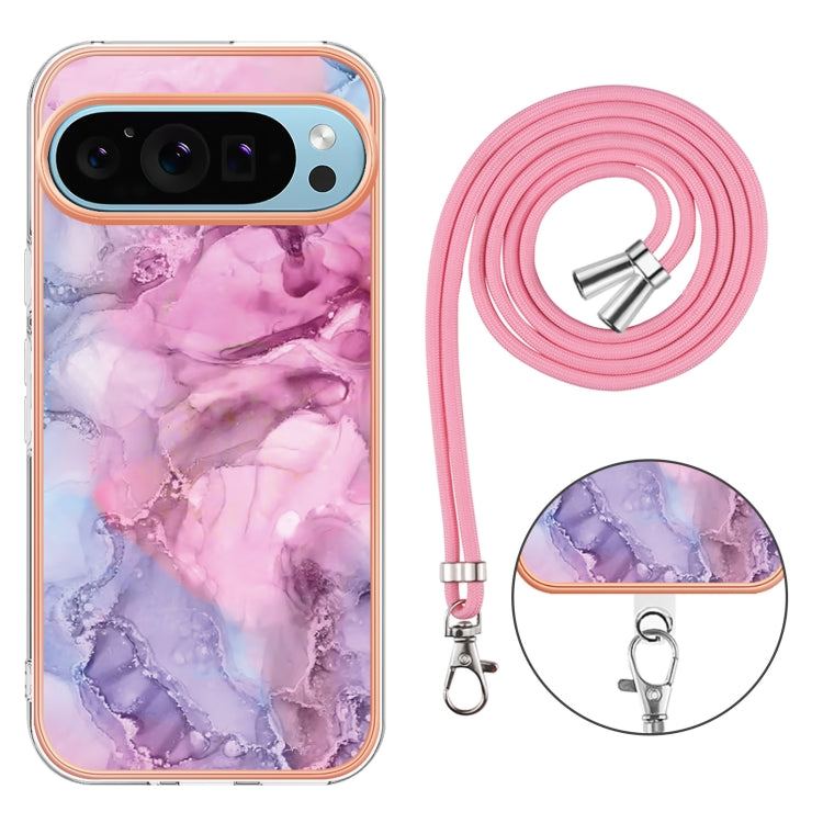 For Google Pixel 9 Pro XL Electroplating Marble Dual-side IMD Phone Case with Lanyard(Pink 013)