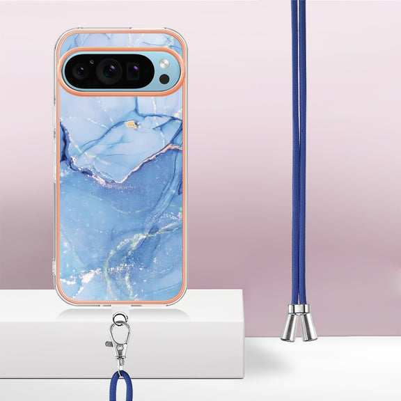 For Google Pixel 9 Pro XL Electroplating Marble Dual-side IMD Phone Case with Lanyard(Blue 018)