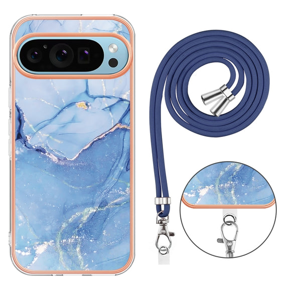 For Google Pixel 9 Pro XL Electroplating Marble Dual-side IMD Phone Case with Lanyard(Blue 018)
