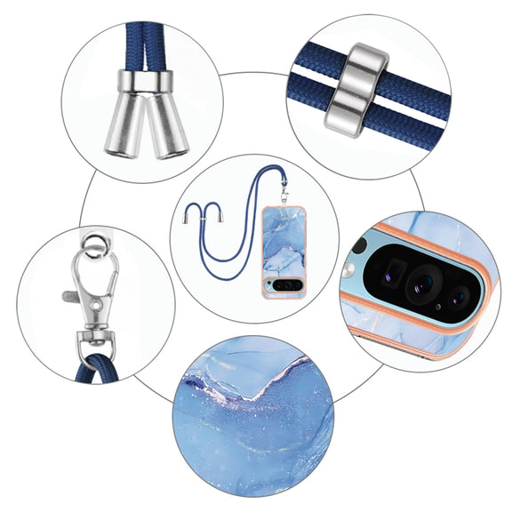 For Google Pixel 9 Pro XL Electroplating Marble Dual-side IMD Phone Case with Lanyard(Blue 018)
