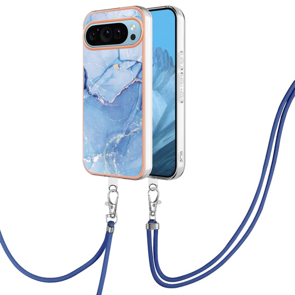 For Google Pixel 9 Pro XL Electroplating Marble Dual-side IMD Phone Case with Lanyard(Blue 018)